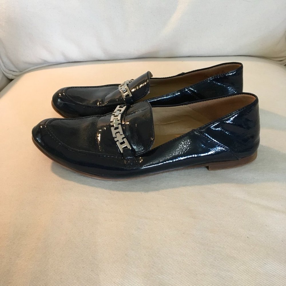 Franco Sarto Navy Patent Leather Loafers with Silver Accent